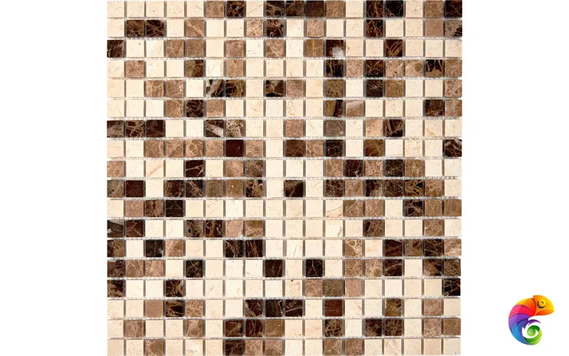 PIX 268 Emperador Dark, light, Crema Nova, чип 15x15 мм, сетка 305х305x4 мм, Полированная Pixmosaic