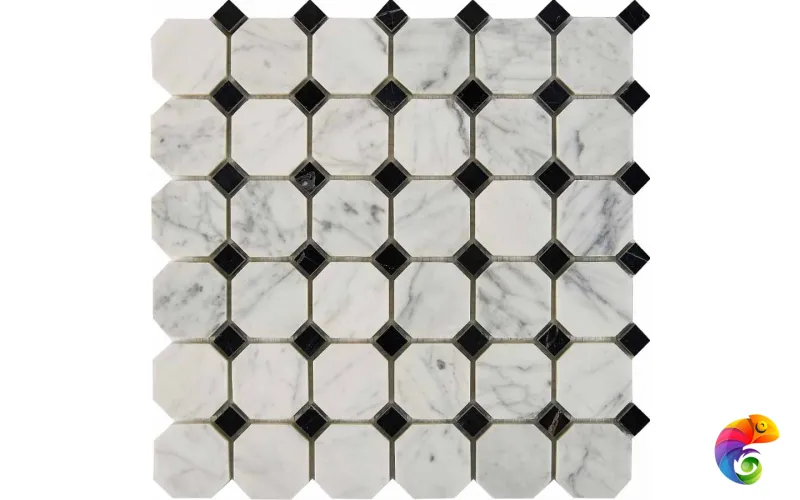 PIX 209 Bianca Carrara, Nero Marquina, чип 48x48 мм, сетка 305х305x8 мм, Полированная Pixmosaic