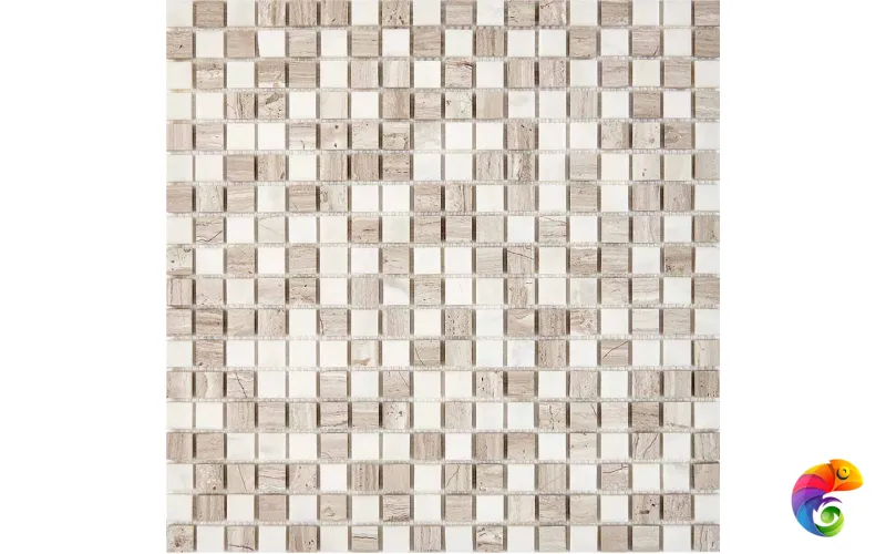 PIX 280 White Wooden, Dolomiti Bianco, чип 15x15 мм, сетка 305х305x4 мм, Полированная Pixmosaic