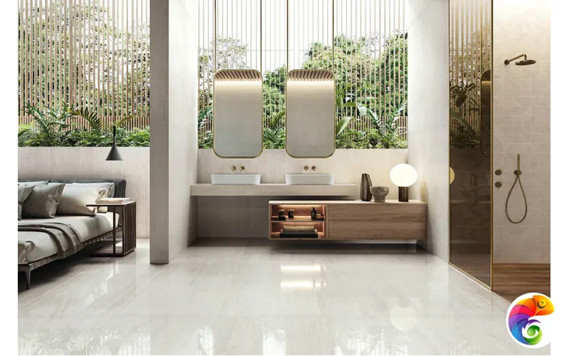 Refin Керамогранит Prestigio Travertino Bianco 75x75x0,9 Lucido Rt