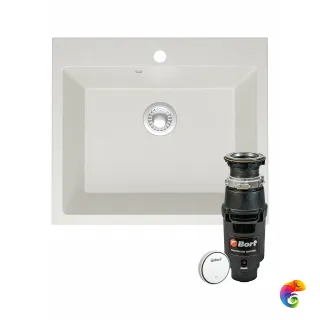 Комплект Мойка Domaci Болонья М-44-001 59x51, белая, искусственный мрамор + Измельчитель Bort Master Eco Control электрический, нержавеющая сталь