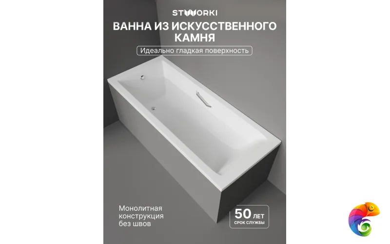 Ванна из искусственного камня STWORKI Ольборг 170x70 см, пристенная, белая, на ножках, с ручками