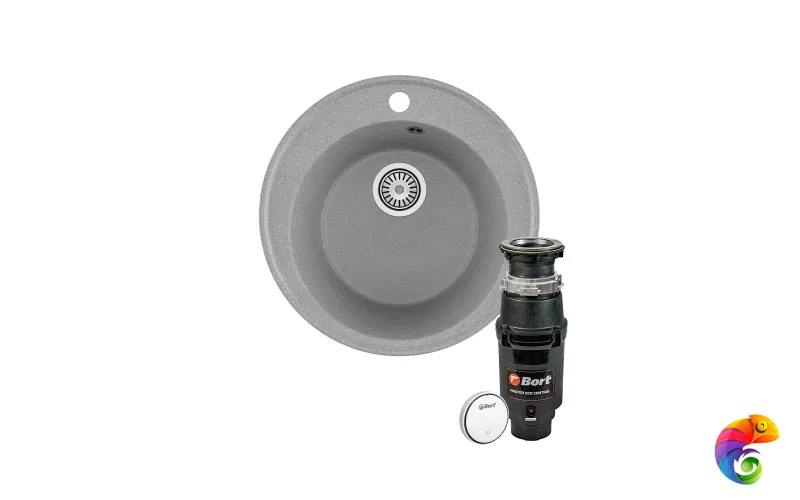 Комплект Мойка Domaci Палермо PR-475-003 47x47, серая, искусственный мрамор + Измельчитель Bort Master Eco Control электрический, нержавеющая сталь