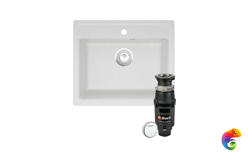 Комплект Мойка Domaci Палермо PR-565-001 56x49, белая, искусственный мрамор + Измельчитель Bort Master Eco Control электрический, нержавеющая сталь