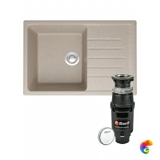 Комплект Мойка Domaci Болонья М-16-004 74x49, песочная, искусственный мрамор + Измельчитель Bort Master Eco Control электрический, нержавеющая сталь