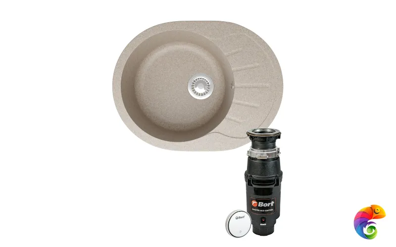 Комплект Мойка Domaci Болонья М-10-004 57x44, песочная, искусственный мрамор + Измельчитель Bort Master Eco Control электрический, нержавеющая сталь
