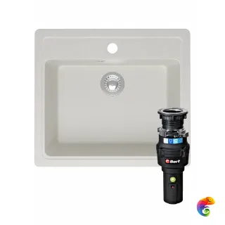 Комплект Мойка Domaci Болонья М-09-001 57x50, белая, искусственный мрамор + Измельчитель Bort Caiman 93418064 электрический, нержавеющая сталь