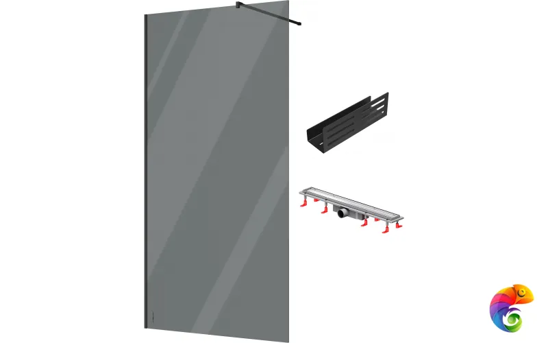 Душевая перегородка STWORKI Берген 110 см + Душевой трап (лоток) AM.PM PrimeFlow Tile 70 см + Полка для душа STWORKI Стокгольм S36376BK