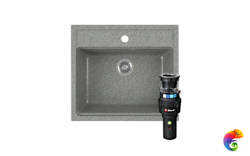 Комплект Мойка Domaci Бьелла DMC-06-309 56x50, темно-серая, искусственный мрамор + Измельчитель Bort Caiman 93418064 электрический, нержавеющая сталь
