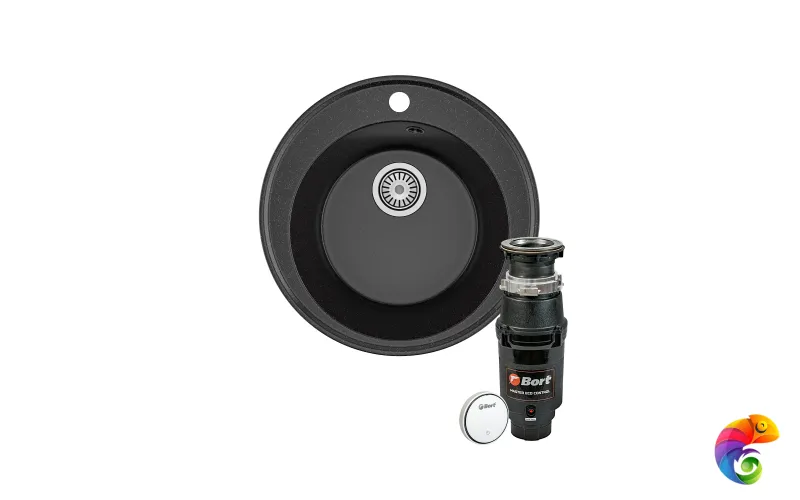 Комплект Мойка Domaci Палермо PR-475-004 47x47, черная, искусственный мрамор + Измельчитель Bort Master Eco Control электрический, нержавеющая сталь