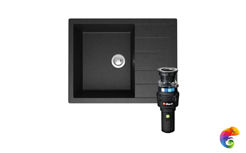 Комплект Мойка Domaci Болонья М-151-007 64x50, антрацит, искусственный мрамор + Измельчитель Bort Caiman 93418064 электрический, нержавеющая сталь