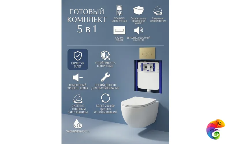 Комплект 5 в 1: Инсталляция STWORKI Хельсинки S33500GM + Унитаз подвесной Ceramicanova Mia Rimless CN1805 + Сиденье с микролифтом + Комплект шумоизоляции + Кнопка матовое золото
