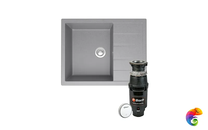Комплект Мойка Domaci Болонья М-151-006 64x50, светло-серая, искусственный мрамор + Измельчитель Bort Master Eco Control электрический, нержавеющая сталь