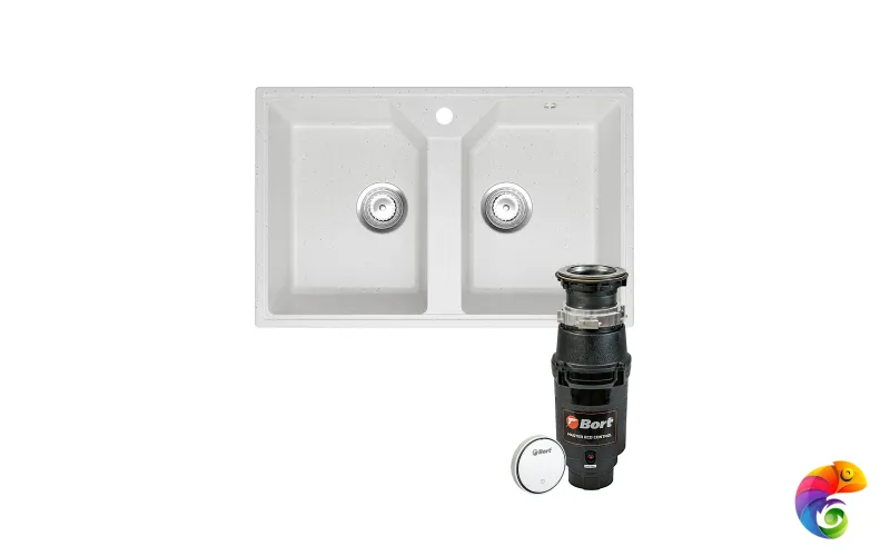 Комплект Мойка Domaci Палермо PR-770-001 77x49, белая, искусственный мрамор + Измельчитель Bort Master Eco Control электрический, нержавеющая сталь
