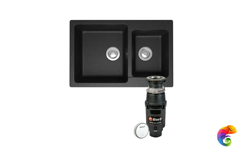 Комплект Мойка Domaci Болонья М-191-007 76x50, антрацит, искусственный мрамор + Измельчитель Bort Master Eco Control электрический, нержавеющая сталь