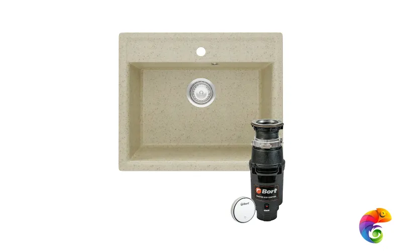 Комплект Мойка Domaci Палермо PR-565-002 56x49, бежевая, искусственный мрамор + Измельчитель Bort Master Eco Control электрический, нержавеющая сталь