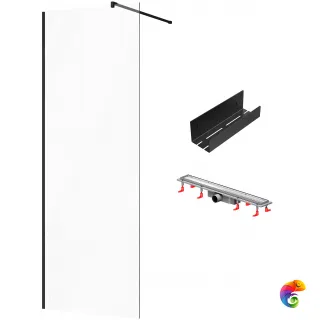 Душевая перегородка STWORKI Берген 80 см + Душевой трап (лоток) AM.PM PrimeFlow Tile 70 см + Полка для душа STWORKI Стокгольм S36375BK