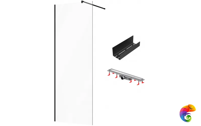 Душевая перегородка STWORKI Берген 80 см + Душевой трап (лоток) AM.PM PrimeFlow Tile 70 см + Полка для душа STWORKI Стокгольм S36375BK