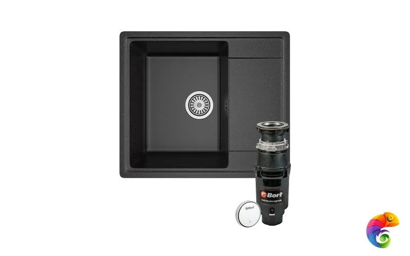 Комплект Мойка Domaci Палермо PR-575-004 57x49, черная, искусственный мрамор + Измельчитель Bort Master Eco Control электрический, нержавеющая сталь