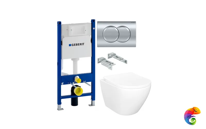 Комплект 4 в 1: Инсталляция Geberit Duofix Delta 458.149.21.2 + Унитаз подвесной STWORKI Кронборг S28401WH + Кнопка хром + Комплект креплений
