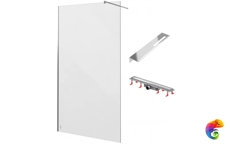 Душевая перегородка STWORKI Берген 120 см + Душевой трап (лоток) AM.PM PrimeFlow Tile 70 см + Полка для душа STWORKI Стокгольм S36377CR
