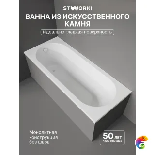 Ванна из искусственного камня STWORKI Олланд 170x70 см, пристенная, белая, на ножках
