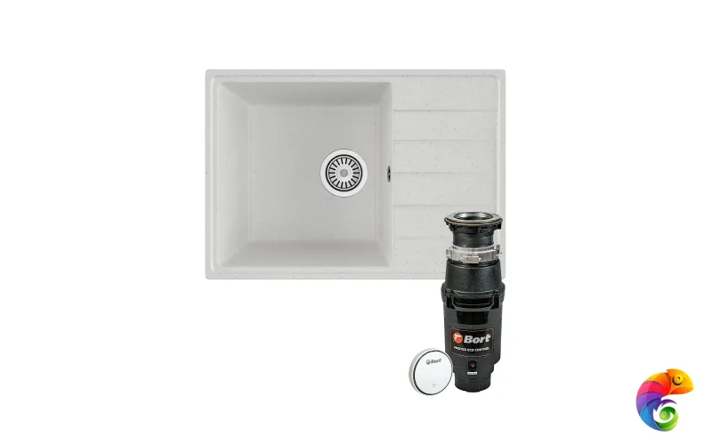 Комплект Мойка Domaci Палермо PR-600-001 60x42, белая, искусственный мрамор + Измельчитель Bort Master Eco Control электрический, нержавеющая сталь