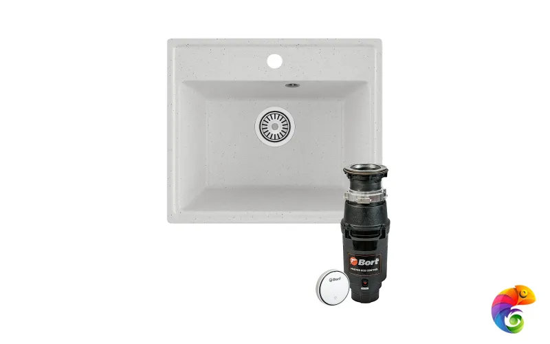 Комплект Мойка Domaci Палермо PR-490-001 49x42, белая, искусственный мрамор + Измельчитель Bort Master Eco Control электрический, нержавеющая сталь