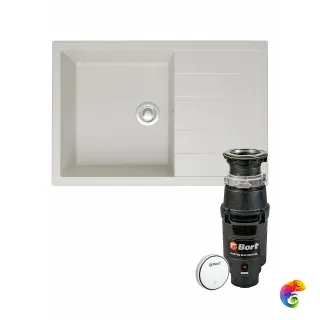 Комплект Мойка Domaci Болонья М-161-001 75x50, белая, искусственный мрамор + Измельчитель Bort Master Eco Control электрический, нержавеющая сталь