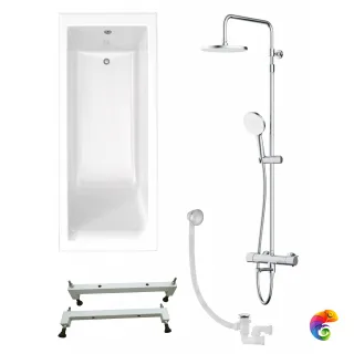 Комплект Ванна из искусственного камня STWORKI Ольборг ФР-00014088 + Ножки ФР-00014106 + Слив-перелив Wirquin 30718585 + Стойка AM.PM X-Joy F0785A500 хром, с термостатом