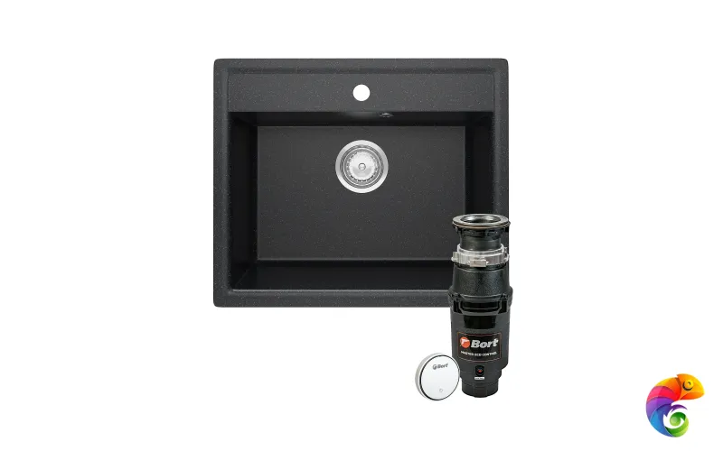 Комплект Мойка Domaci Палермо PR-565-004 56x49, черная, искусственный мрамор + Измельчитель Bort Master Eco Control электрический, нержавеющая сталь