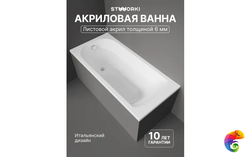 Акриловая ванна STWORKI Ольборг 150x70 см, пристенная, белая, с каркасом