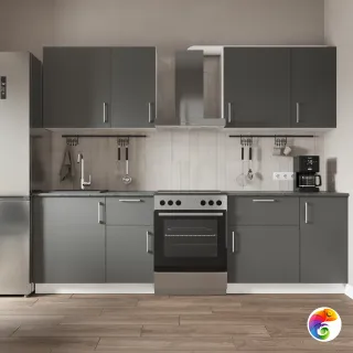Кухонный гарнитур Domaci Болонья 260 см, фасад графит, ручка хром, столешница луна KUH-708369