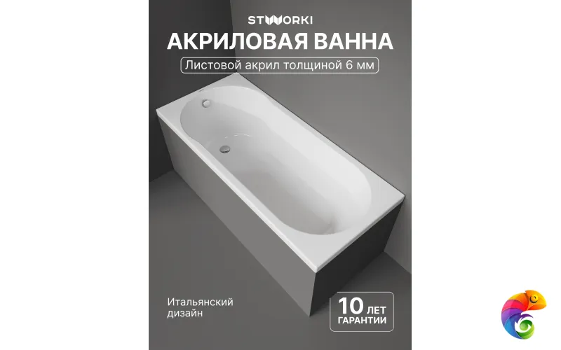 Акриловая ванна STWORKI Хельсинки 160x70 см, встраиваемая, белая, с каркасом