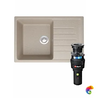 Комплект Мойка Domaci Болонья М-16-004 74x49, песочная, искусственный мрамор + Измельчитель Bort Caiman 93418064 электрический, нержавеющая сталь