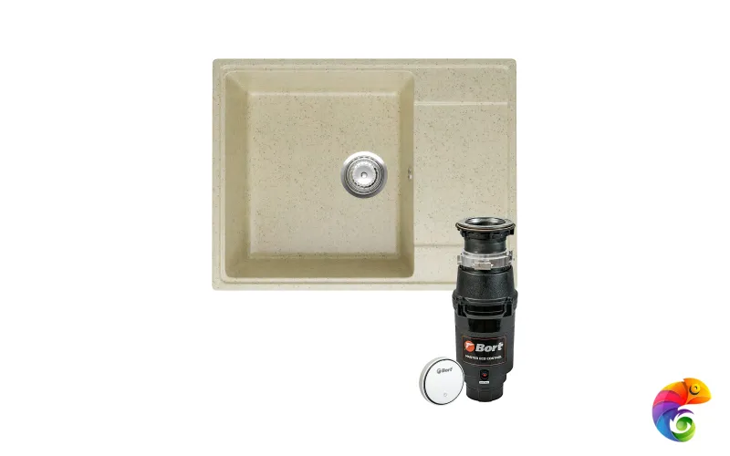 Комплект Мойка Domaci Палермо PR-650-002 65x49, бежевая, искусственный мрамор + Измельчитель Bort Master Eco Control электрический, нержавеющая сталь