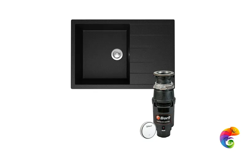 Комплект Мойка Domaci Болонья М-161-002 75x50, черная, искусственный мрамор + Измельчитель Bort Master Eco Control электрический, нержавеющая сталь