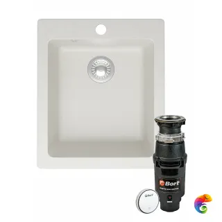Комплект Мойка Domaci Болонья М-08-001 42x50, белая, искусственный мрамор + Измельчитель Bort Master Eco Control электрический, нержавеющая сталь
