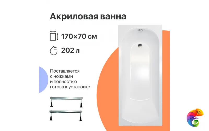 Акриловая ванна DIWO Углич 170x70 см, пристенная, белая, на ножках