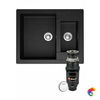 Комплект Мойка Domaci Болонья М-19-002 60x49, черная, искусственный мрамор + Измельчитель Bort Master Eco Control электрический, нержавеющая сталь