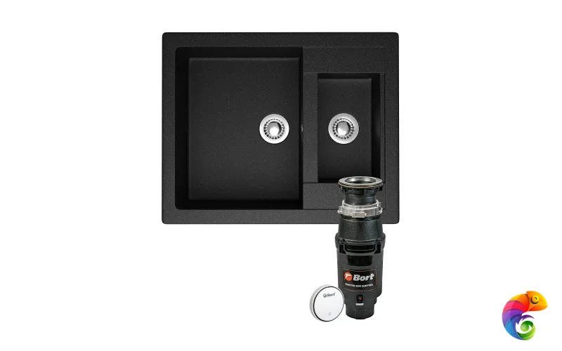 Комплект Мойка Domaci Болонья М-19-002 60x49, черная, искусственный мрамор + Измельчитель Bort Master Eco Control электрический, нержавеющая сталь