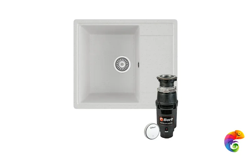 Комплект Мойка Domaci Палермо PR-575-001 57x49, белая, искусственный мрамор + Измельчитель Bort Master Eco Control электрический, нержавеющая сталь