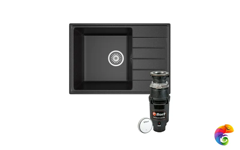 Комплект Мойка Domaci Палермо PR-600-004 60x42, черная, искусственный мрамор + Измельчитель Bort Master Eco Control электрический, нержавеющая сталь