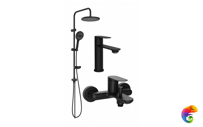 Комплект для ванной Смеситель STWORKI Сортланд S10010BK матовый черный + Стойка Хальмстад S15180BK матовая черная + Смеситель S10100BK матовый чёрный