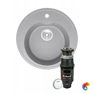 Комплект Мойка Domaci Болонья М-03-006 50x50, светло-серая, искусственный мрамор + Измельчитель Bort Master Eco Control электрический, нержавеющая сталь