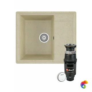 Комплект Мойка Domaci Палермо PR-575-002 57x49, бежевая, искусственный мрамор + Измельчитель Bort Master Eco Control электрический, нержавеющая сталь
