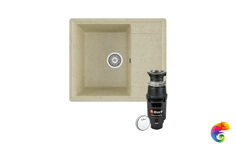 Комплект Мойка Domaci Палермо PR-575-002 57x49, бежевая, искусственный мрамор + Измельчитель Bort Master Eco Control электрический, нержавеющая сталь