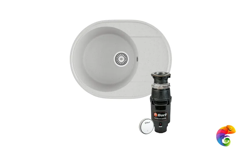 Комплект Мойка Domaci Палермо PR-610-001 61x47, белая, искусственный мрамор + Измельчитель Bort Master Eco Control электрический, нержавеющая сталь
