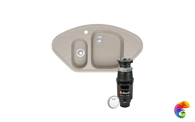 Комплект Мойка Domaci Болонья М-23-003 94x50, бежевая, искусственный мрамор + Измельчитель Bort Master Eco Control электрический, нержавеющая сталь