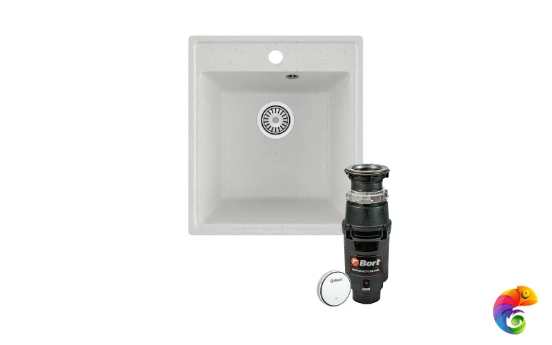 Комплект Мойка Domaci Палермо PR-425-001 42x48, белая, искусственный мрамор + Измельчитель Bort Master Eco Control электрический, нержавеющая сталь